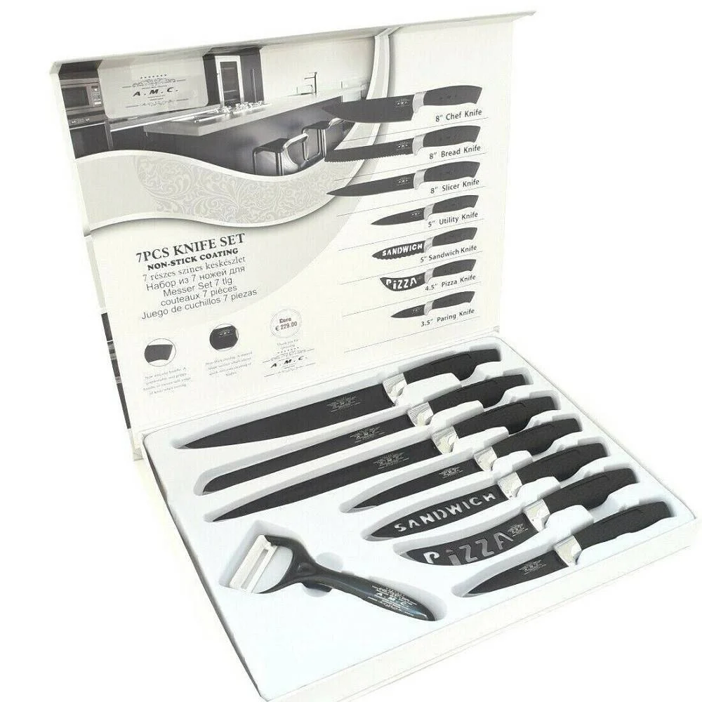 SET 7 COLTELLI DA CUCINA IN ACCIAIO MANICO ANTISCIVOLO PIU PELAPATATE BLACK - TrAdE Shop Traesio