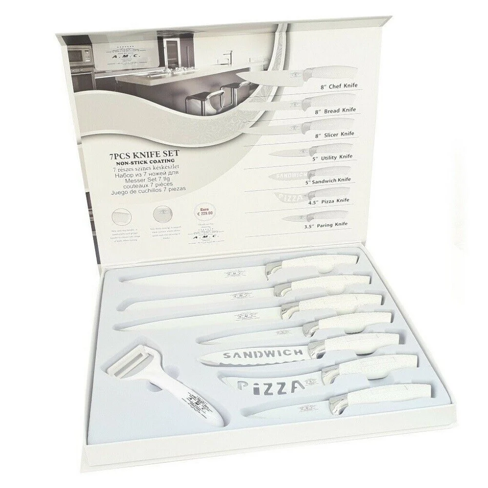 SET 7 COLTELLI DA CUCINA IN ACCIAIO MANICO ANTISCIVOLO PIU PELAPATATE WHITE - TrAdE Shop Traesio