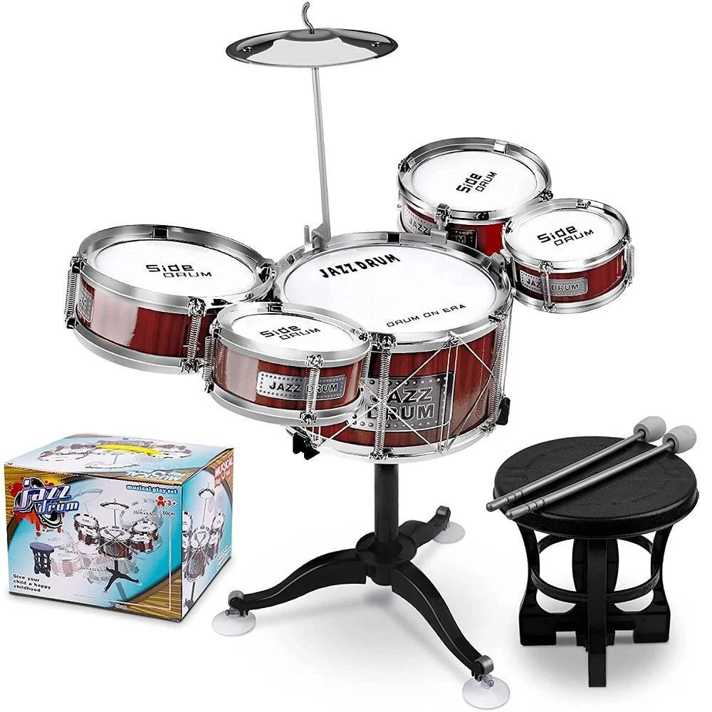 SET 8PZ BATTERIA PER BAMBINI 5 TAMBURI MUSICALE PERCUSSIONI 3-10 ANNI GIOCATTOLI