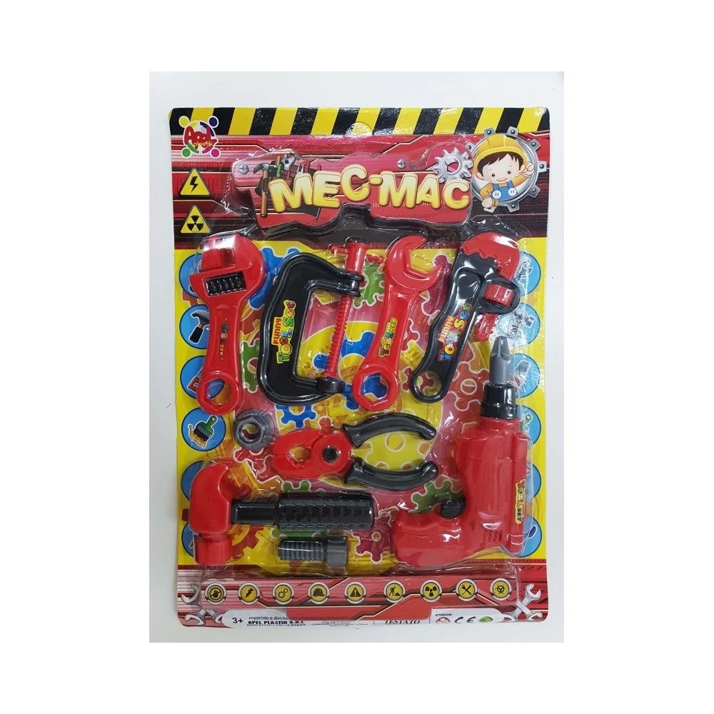 SET 9 PZ MECCANICO TRAPANO CHIAVE INGLESE PINZA MARTELLO PLASTICA GIOCO BAMBINI - TrAdE Shop Traesio