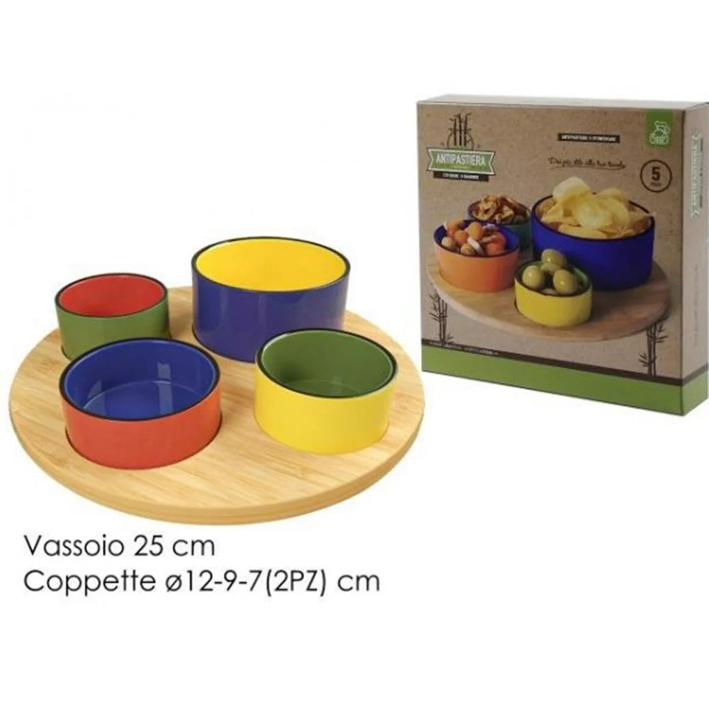 SET APERITIVO 5PZ ANTIPASTIERA CON BASE IN BAMBOO E CIOTOLE IN CERAMICA COLORATE - TrAdE Shop Traesio