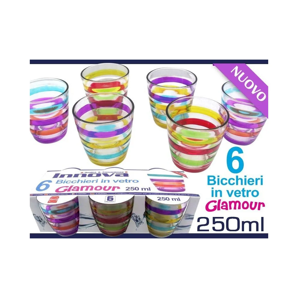 SET BICCHIERI IN VETRO CON RIGHE COLORATE GLAMOUR 6 PEZZI DA 250 ML COLORATI - TrAdE Shop Traesio