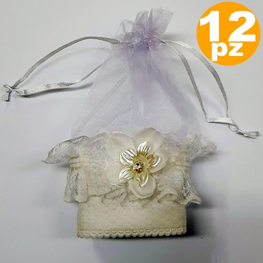 SET BOMBONIERA BOMBONIERE SACCHETTO IN ORGANZA BIANCO PIZZO FIORE PORTA CONFETTI - TrAdE Shop Traesio