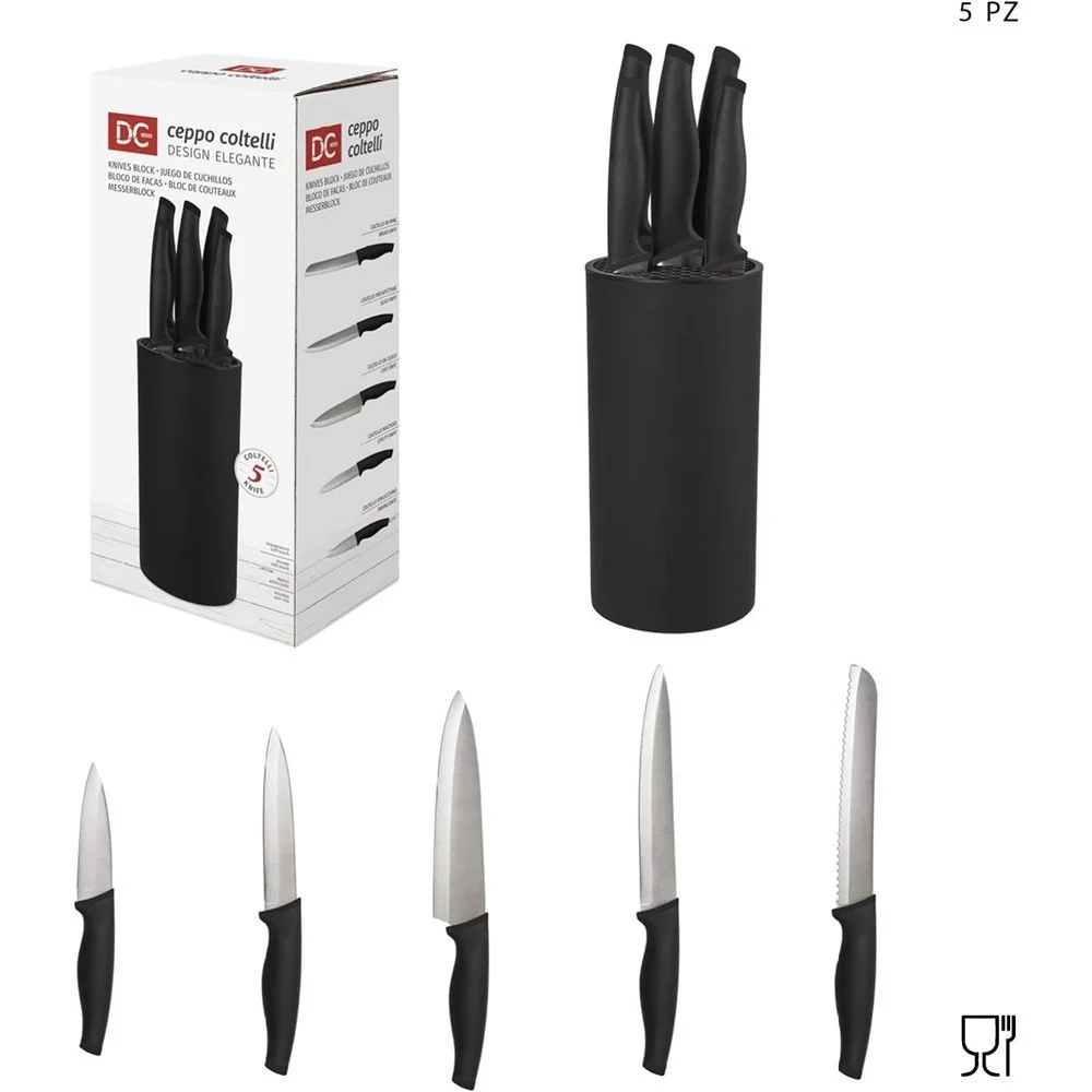 SET CEPPO 5 PEZZI COLTELLI COLTELLO NERO DESIGN ELEGANTE UTENSILI DA CUCINA - TrAdE Shop Traesio