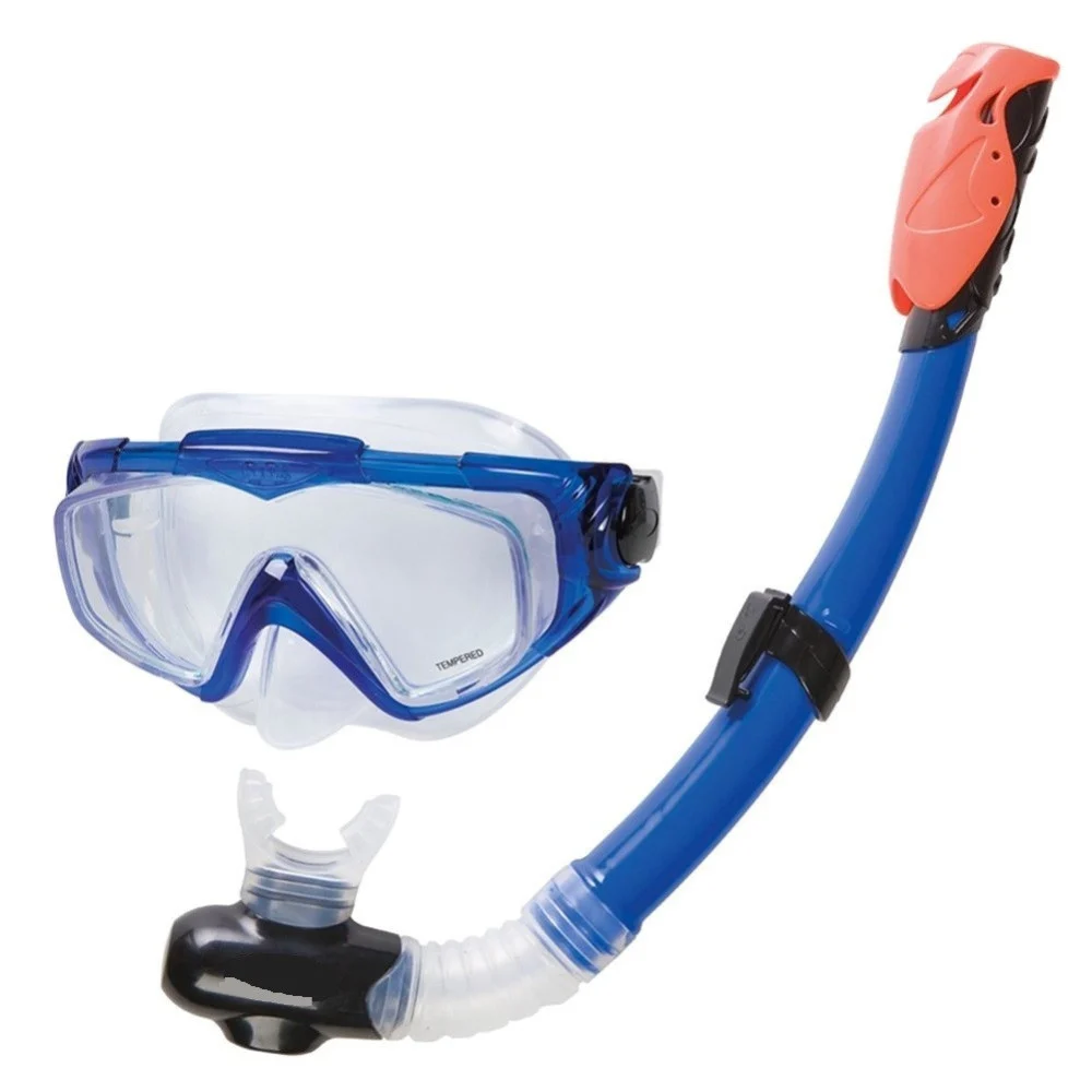 SET MASCHERA IN VETRO CON BOCCAIO PER IMMERSIONI SNORKELING SUB MARE PISCINA BLU - TrAdE Shop Traesio