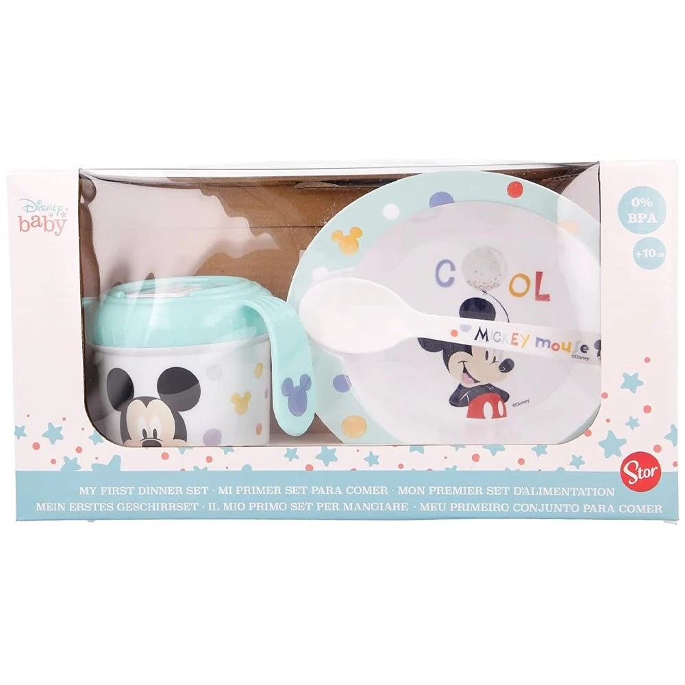 DISNEY SET PRIMA PAPPA 3 PEZZI TOPOLINO AZZURRO MICKEY MOUSE BAMBINI ASILO - TrAdE Shop Traesio