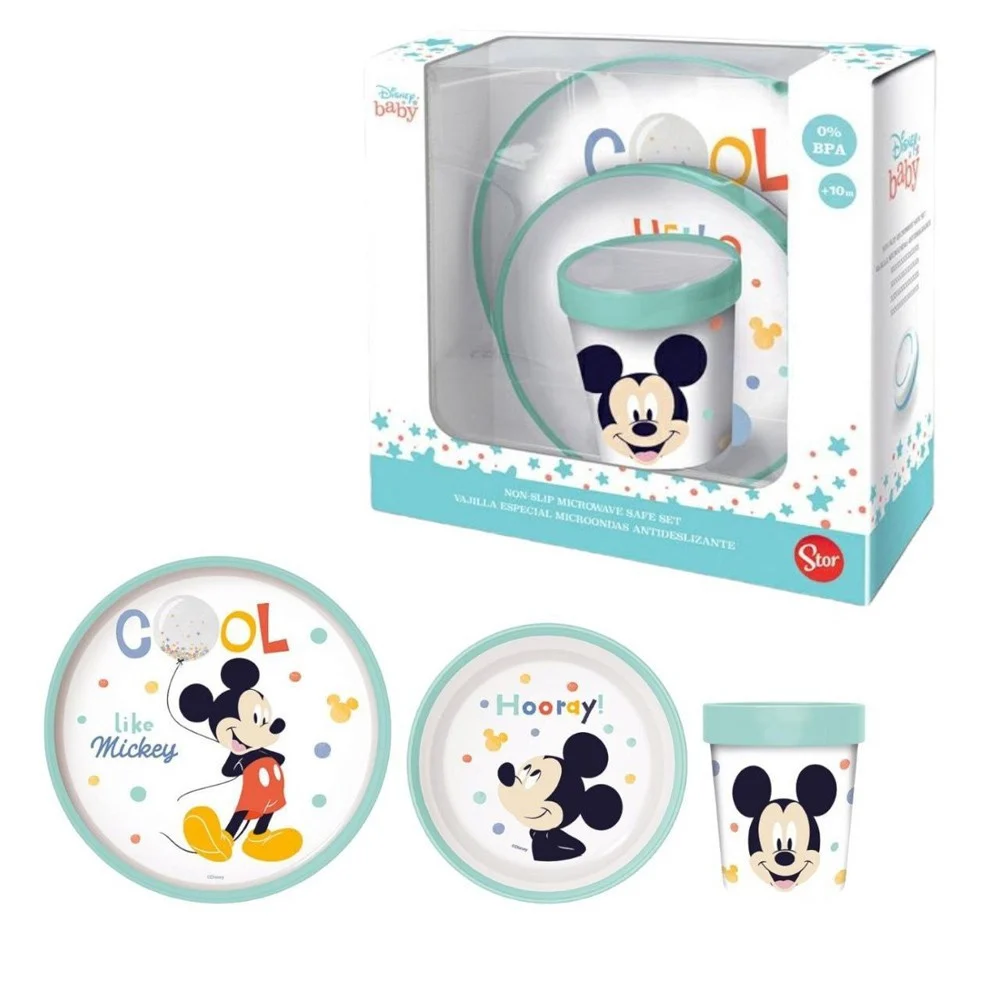 SET PAPPA TOPOLINO BICCHIERE PIATTI ANTISCIVOLO AZZURRO BAMBINI PRIMA PAPPA - TrAdE Shop Traesio