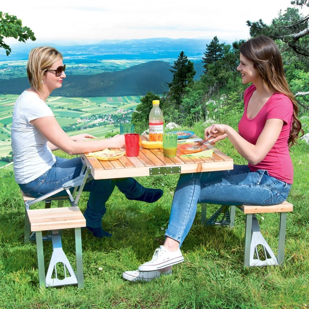 SET TAVOLO TAVOLINO PIEGHEVOLE PIC NIC CAMPEGGIO ALLUMINIO CON 4 SGABELLI LEGNO - TrAdE Shop Traesio