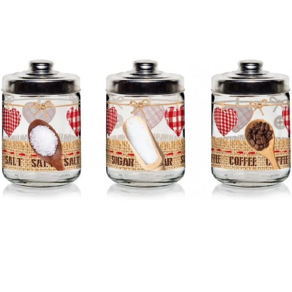 SET TRIS 3PZ BARATTOLI CONTENITORI DA CUCINA IN VETRO SALE ZUCCHERO CAFFÈ 800 CC - TrAdE Shop Traesio