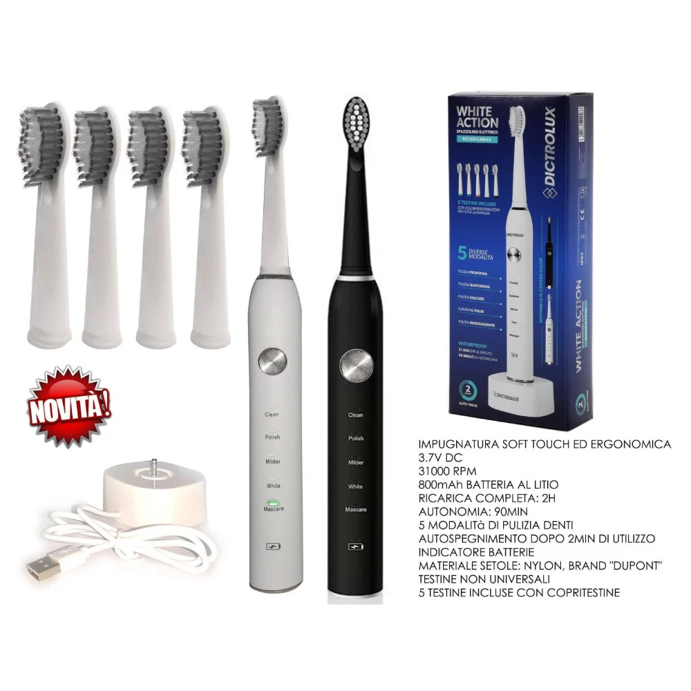 SPAZZOLINO ELETTRICO RICARICABILE A BATTERIA 5 MODALITà DI PULIZIA DENTI TESTINE - TrAdE Shop Traesio