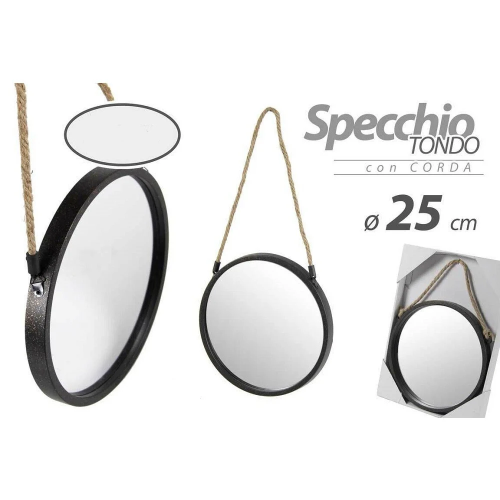 SPECCHIO 25 CM CON CORDA SPECCHIERA PARETE TONDO MODERNO NERO IN METALLO 777042 - Kaela