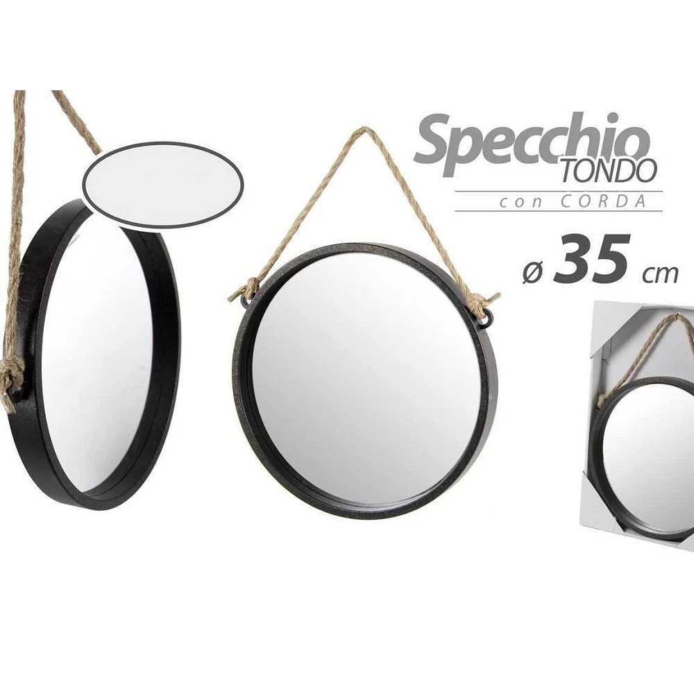 SPECCHIO 35 CM CON CORDA SPECCHIERA PARETE APPESO MURO TONDO MODERNO NERO 777059 - Kaela