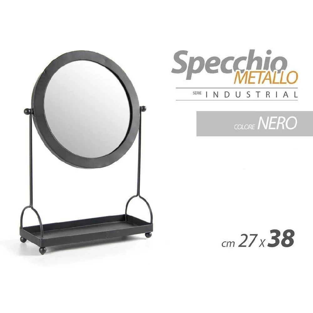 SPECCHIO TAVOLO METALLO APPOGGIO PORTA OGGETTI NERO BAGNO TRUCCO 27X38CM 782237 - Kaela
