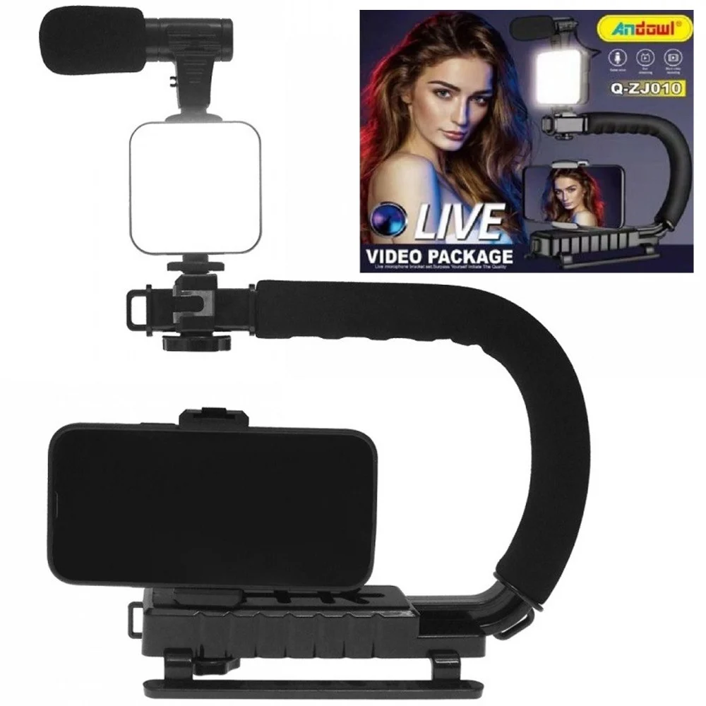 STABILIZZATORE BASE IMPUGNATURA U/C Q-ZJ010 FOTOCAMERA SMARTPHONE MICROFONO LUCE LED