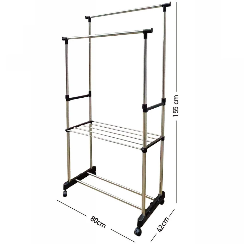 STAND APPENDIABITI DOPPIO CON RIPIANO BASE RUOTE ASTE TELESCOPICHE REGOLABILE - TrAdE Shop Traesio
