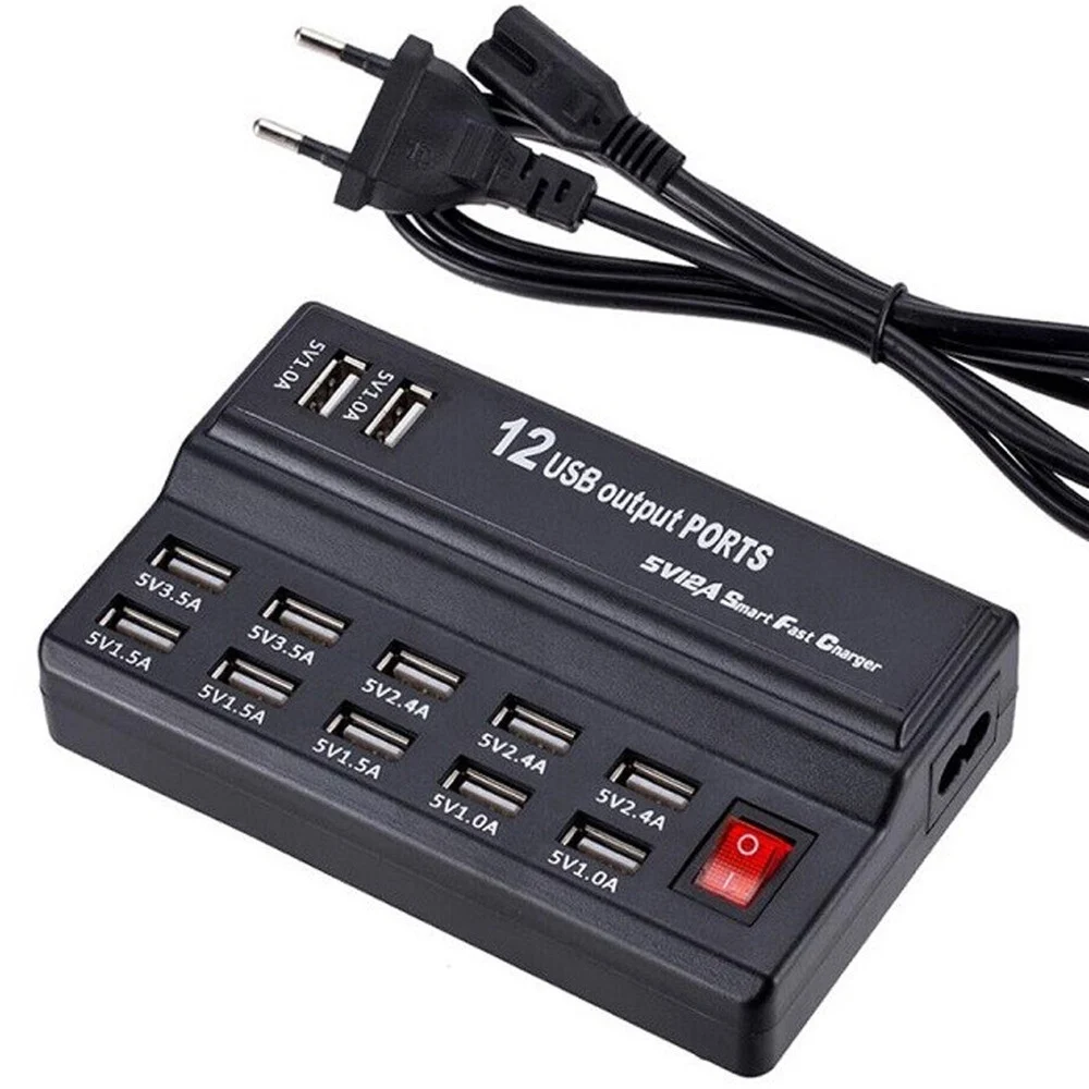 STAZIONE DI RICARICA USB 12 PORTE 60W 2.1/1A INTERRUTTORE MULTIFUNZIONE Q-CD10P