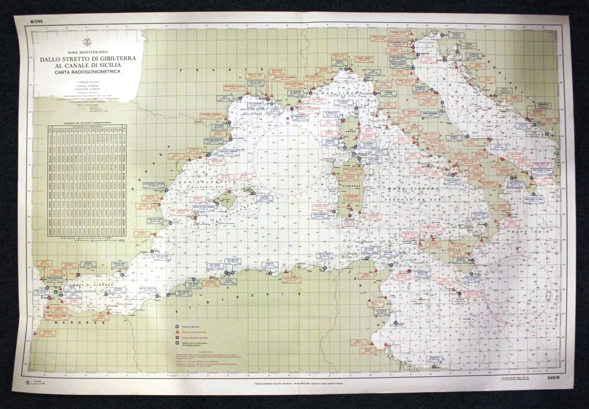 dallo stretto di gibilterra al canale di sicilia n. 340/r (1975) – carta radiogoniometrica - Carte nautiche, da pesca…