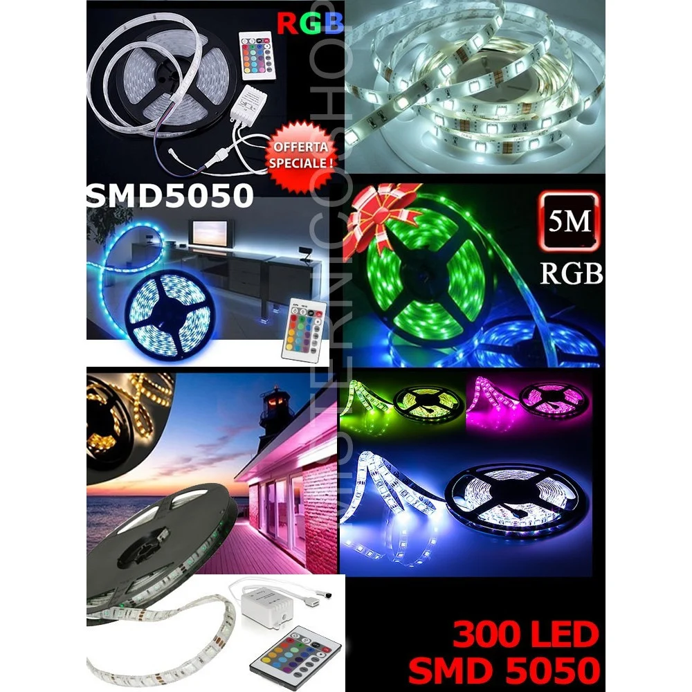 Striscia LED COLORATA RGB 5M SMD5050 IMPERMEABILE CON ALIMENTATORE E TELECOMANDO - TrAdE Shop Traesio