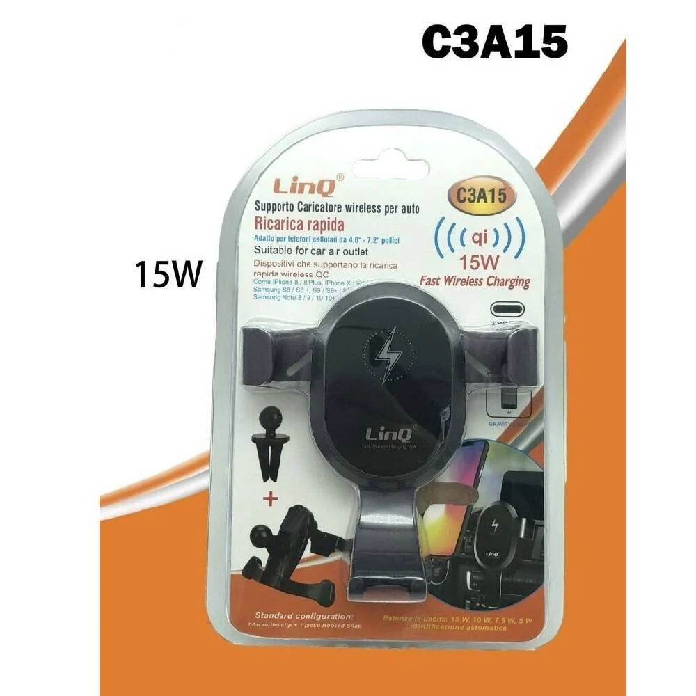 SUPPORTO CARICATORE AUTO PER SMARTPHONE CON RICARICA RAPIDA WIRELESS QI 15W C3A15 - Linq