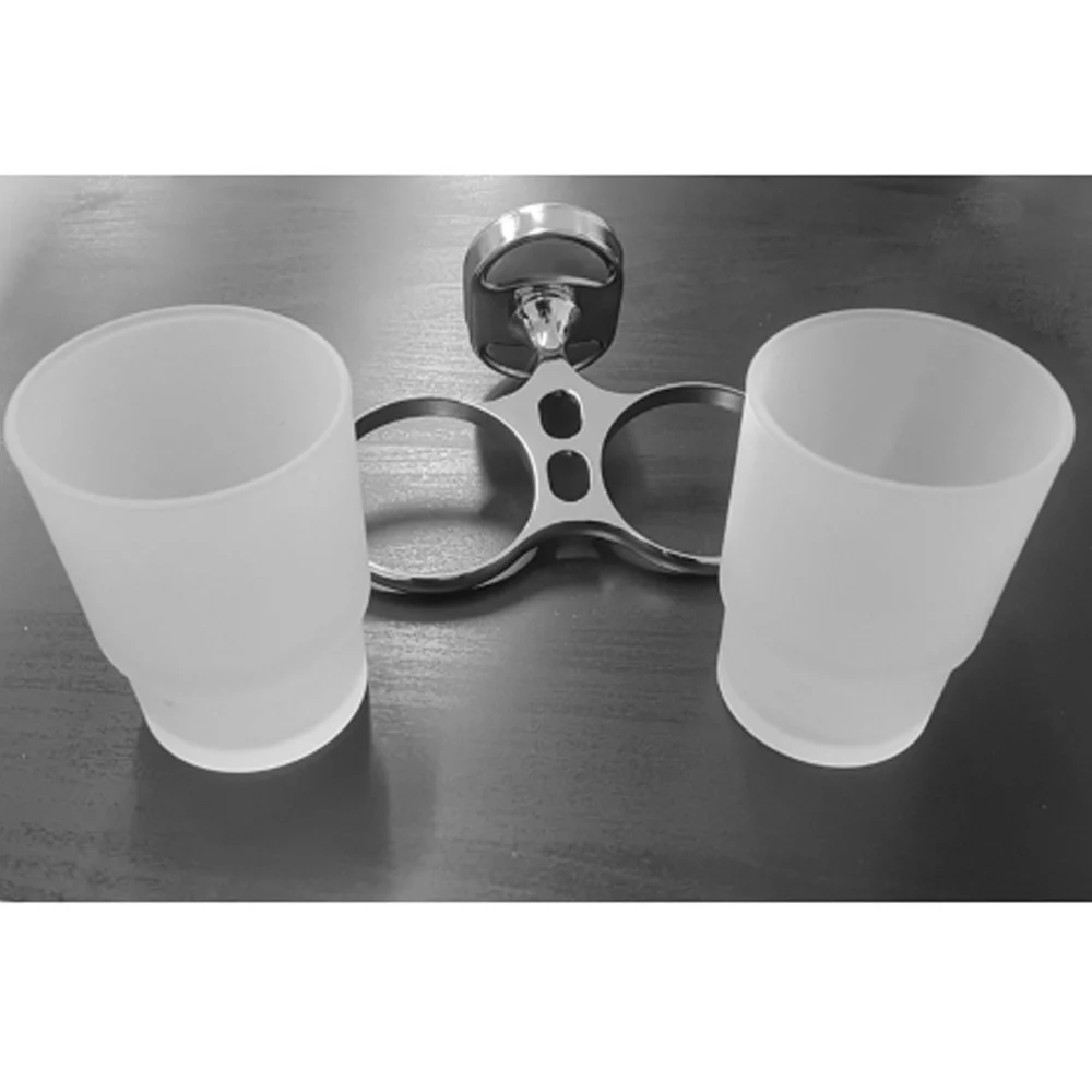 SUPPORTO PORTA BICCHIERE DOPPIO BICCHIERI PER SPAZZOLINI ACCIAIO VETRO A PARETE - Cleafe