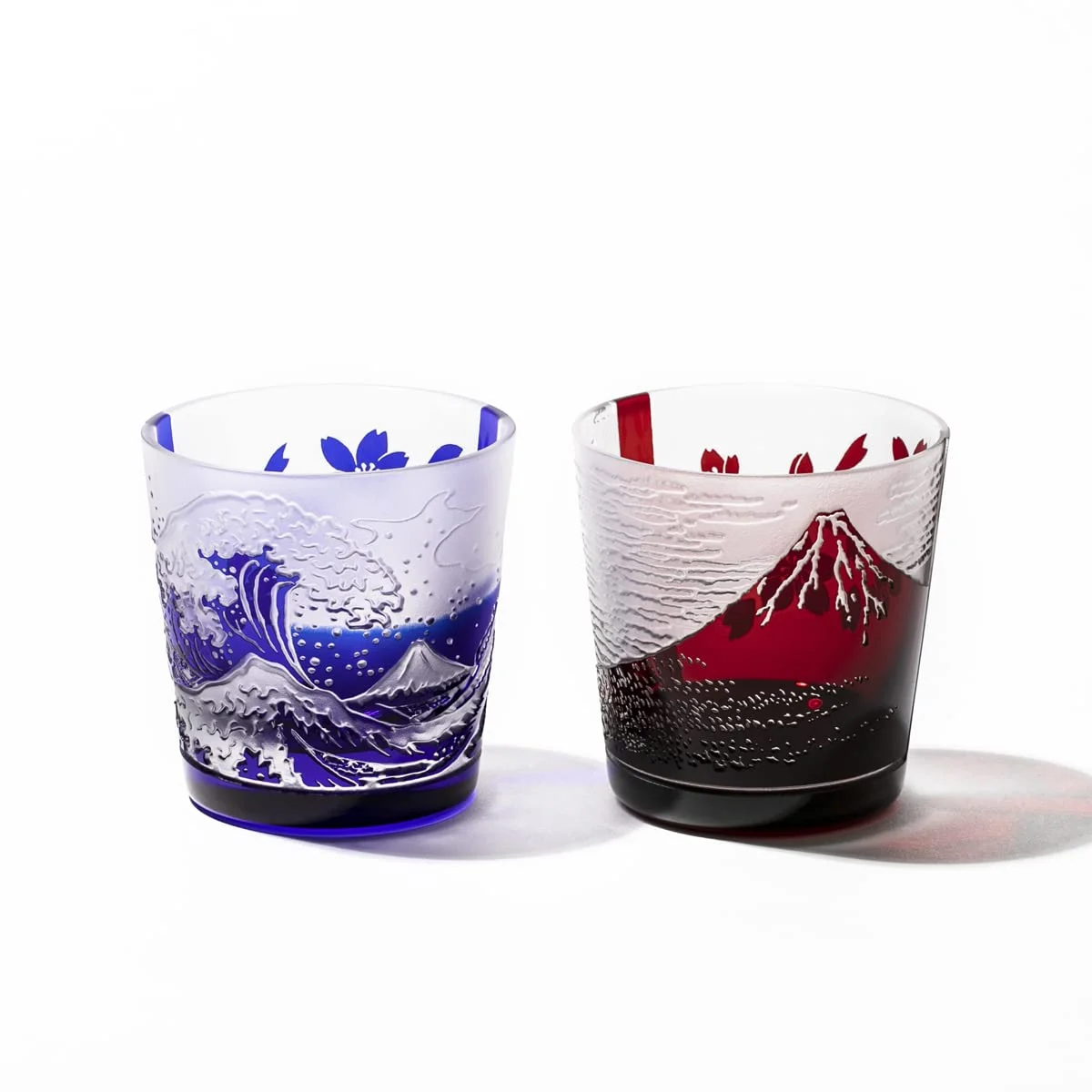 Taiburou Workshop Edo Glass Mount Fuji Sakura Free Cup Pair Red Blue Made in Japan TB022 Gift Box Set