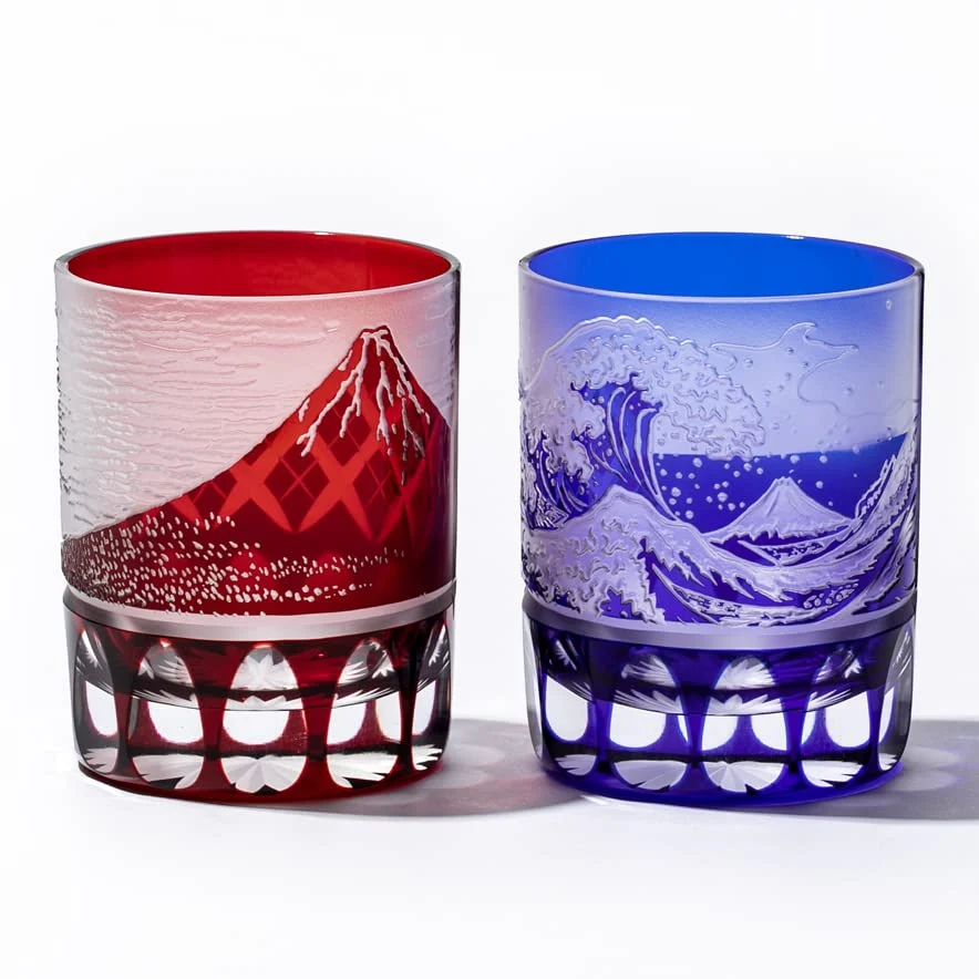 Taiburou Workshop Edo Kiriko Glass Pair Mount Fuji Wave Pattern Old Fashioned Glasses Red Blue Made in Japan