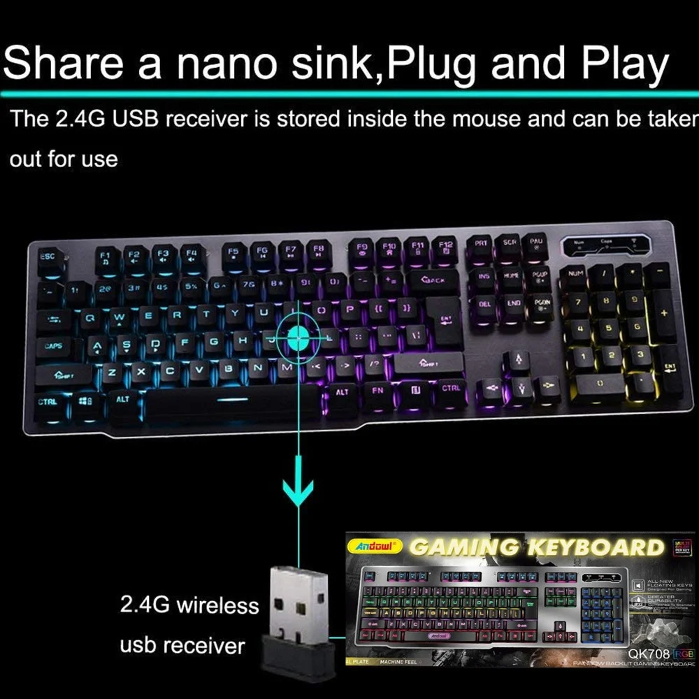 TASTIERA GAMING DA GIOCO CABLATA RETROILLUMINATA ARCOBALENO RGB LUCE LED QK708 - Andowl
