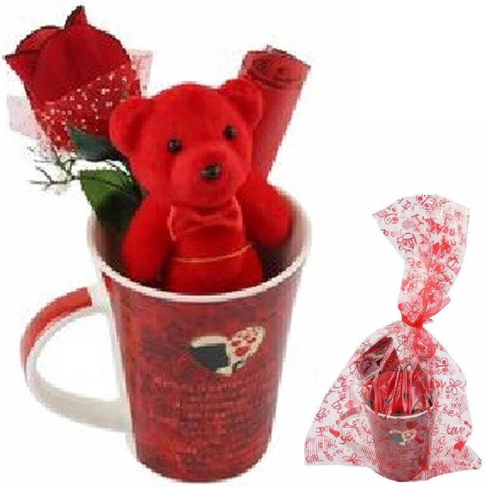 TAZZA CON PELUCHE ORSETTO ROSSO REGALO SAN VALENTINO CON FIORE CONFEZIONE 63297 - TrAdE Shop Traesio