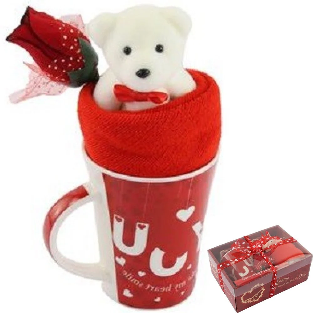 TAZZA ORSETTO BIANCO IN PELUCHE FIORE CONFEZIONE REGALO PER SAN VALENTINO 63298 - TrAdE Shop Traesio