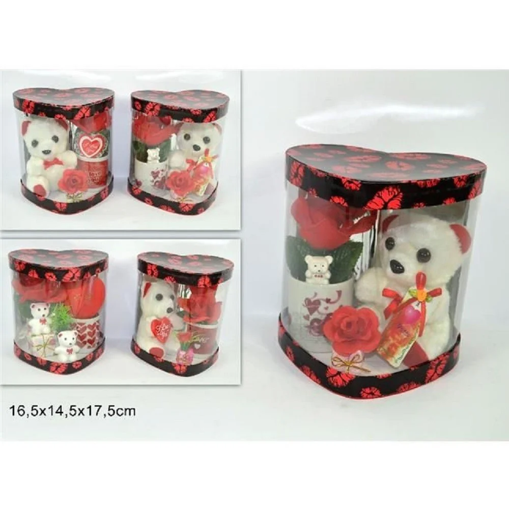 TAZZINA CON PELUCHE ORSETTO 16,5X14,5X17,5CM SAN VALENTINO FIORE CONFEZIONE CUORE - TrAdE Shop Traesio