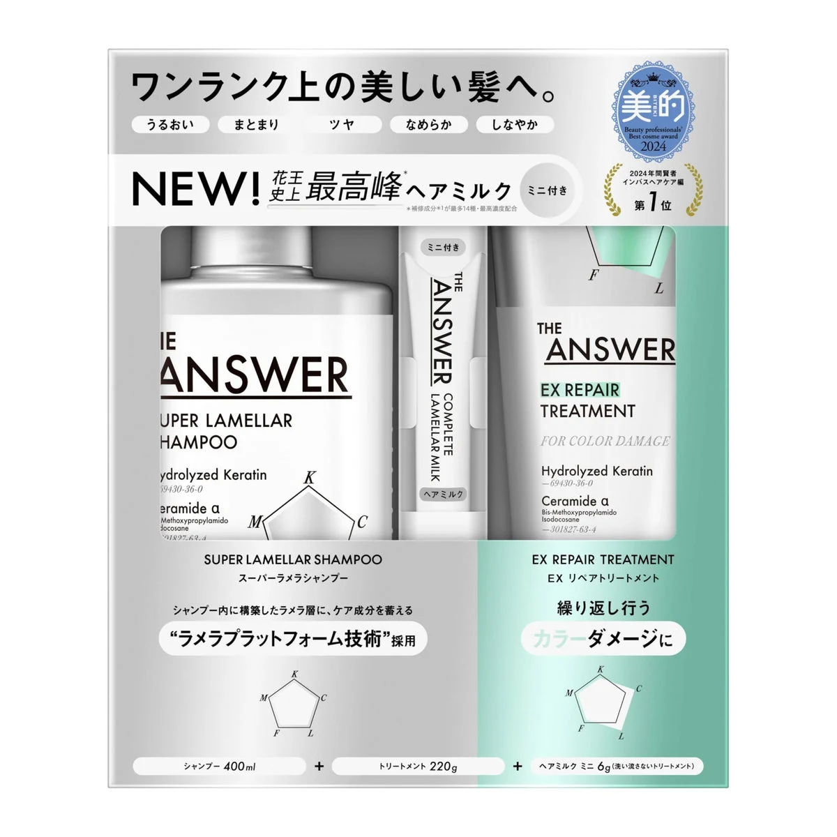 THE ANSWER Kit lamellare capelli Shampoo, EX Gloss, Lamella Milk 400ml 220g 6g