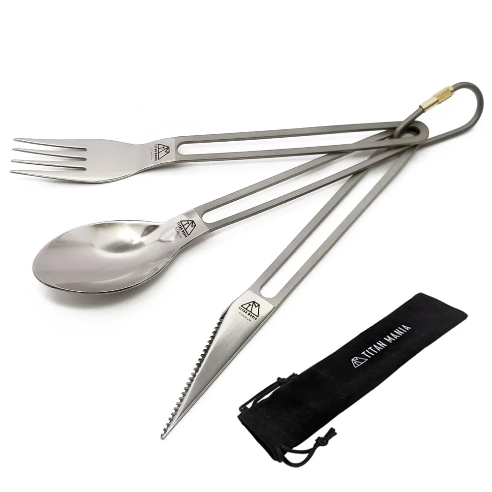 TITAN MANIA Set di Posate in Titanio Ultra Leggero Cucchiaio Forchetta Coltello