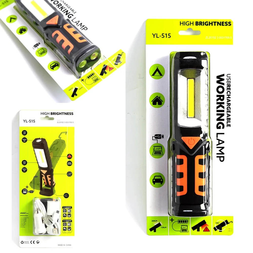 TORCIA LAMPADA PORTATILE RICARICABILE LED STRIP COB - BASE ORIENTABILE E GANCI