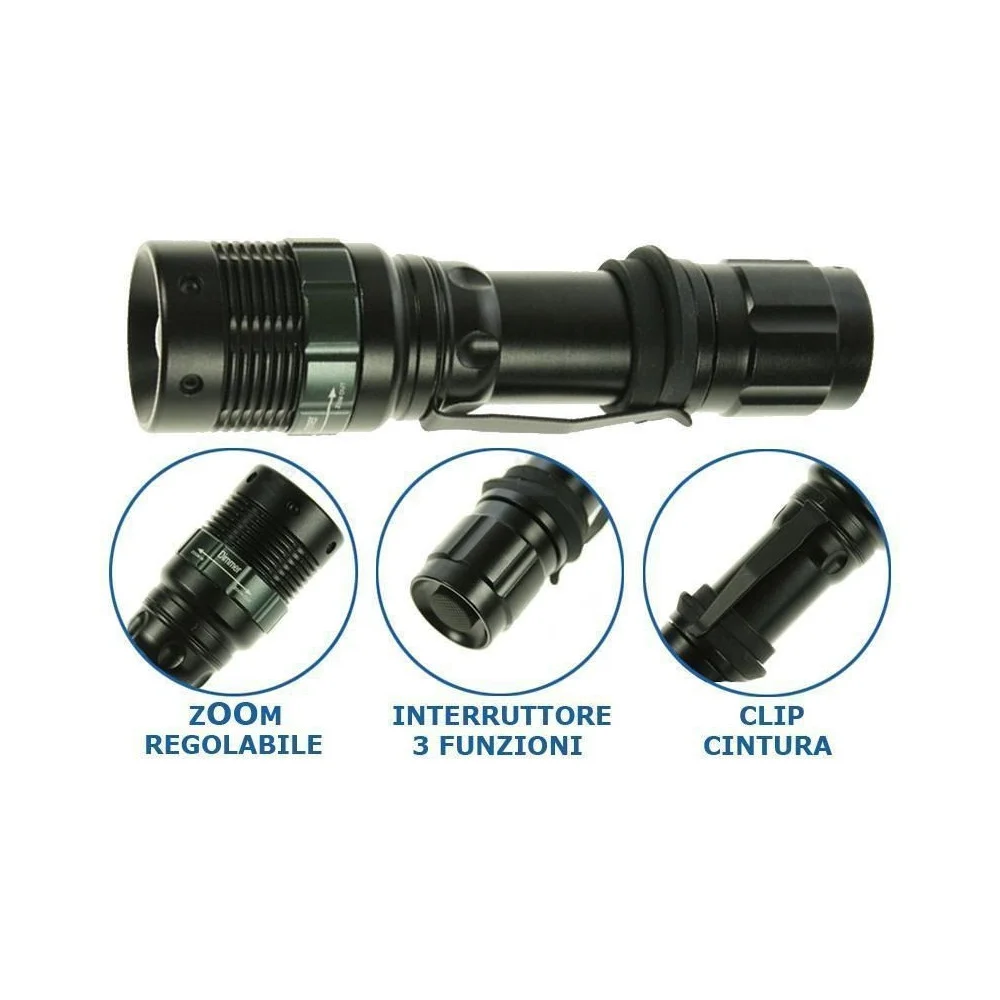 TORCIA TATTICA MILITARE CREE LED MOD POLICE 5000 LUMEN NERO CON ATTACCO CINTURA - TrAdE Shop Traesio