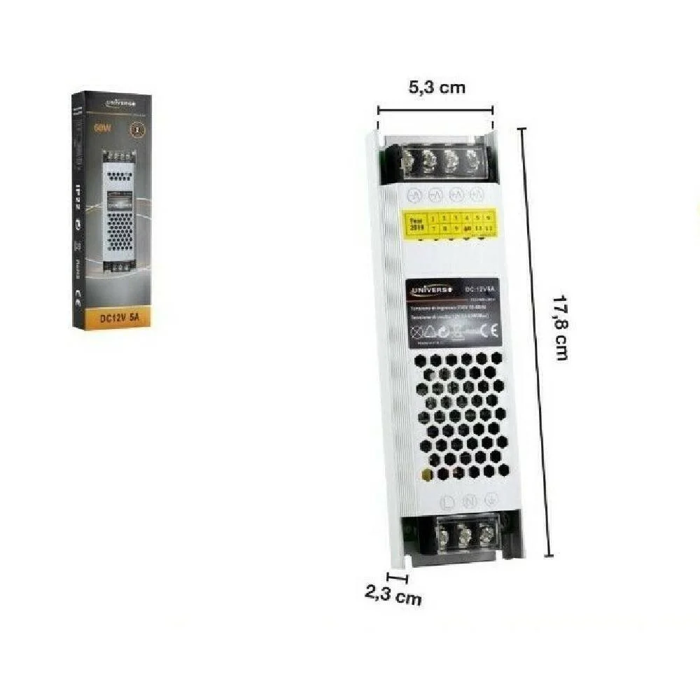 TRASFORMATORE ALIMENTATORE STABILIZZATO SLIM DC 12V 5A 60 W STRIP LED S-12V-60W