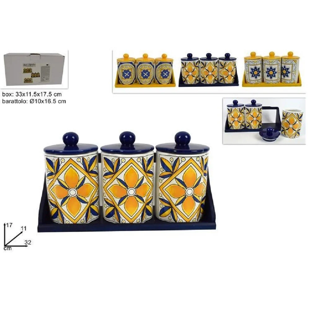 TRIS BARATTOLI SET 3 PZ BARATTOLI CON SUPPORTO CERAMICA DECORO FANTASIA MAIOLICA - TrAdE Shop Traesio