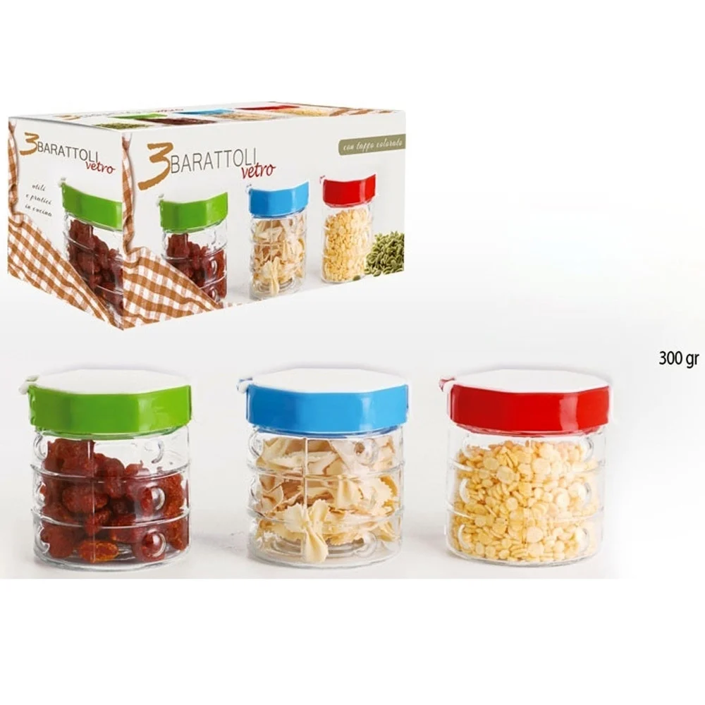 TRIS DI BARATTOLI VETRO CON COPERCHIO COLORATO QUADRI SALE ZUCCHERO CAFFE' DOLCI - TrAdE Shop Traesio