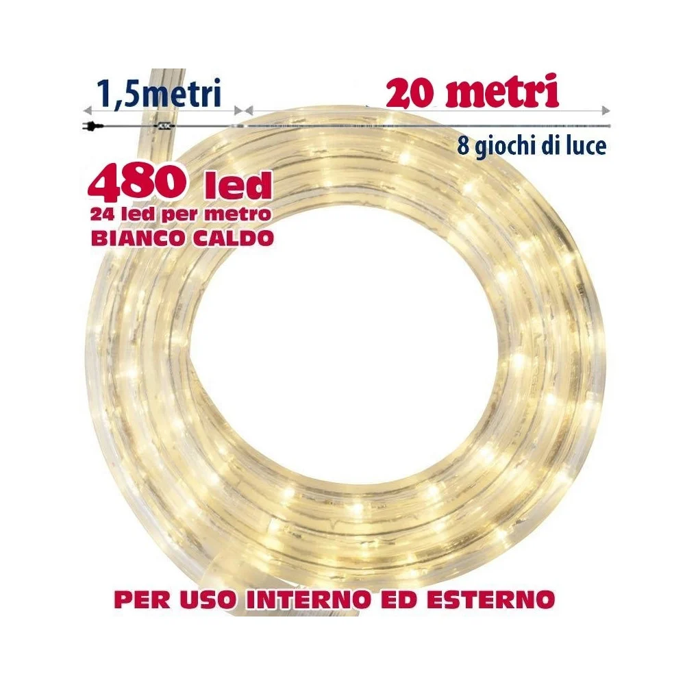 TUBO LUMINOSO 20 METRI LED BIANCO CALDO 480 LUCI PER INTERNO E PER ESTERNO - TrAdE Shop Traesio