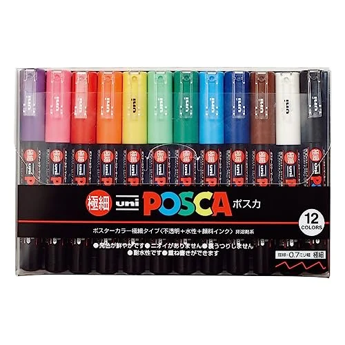 Uni Posca 12 Marker Set Extra Fine Tips 1M Markers Assorted Colors