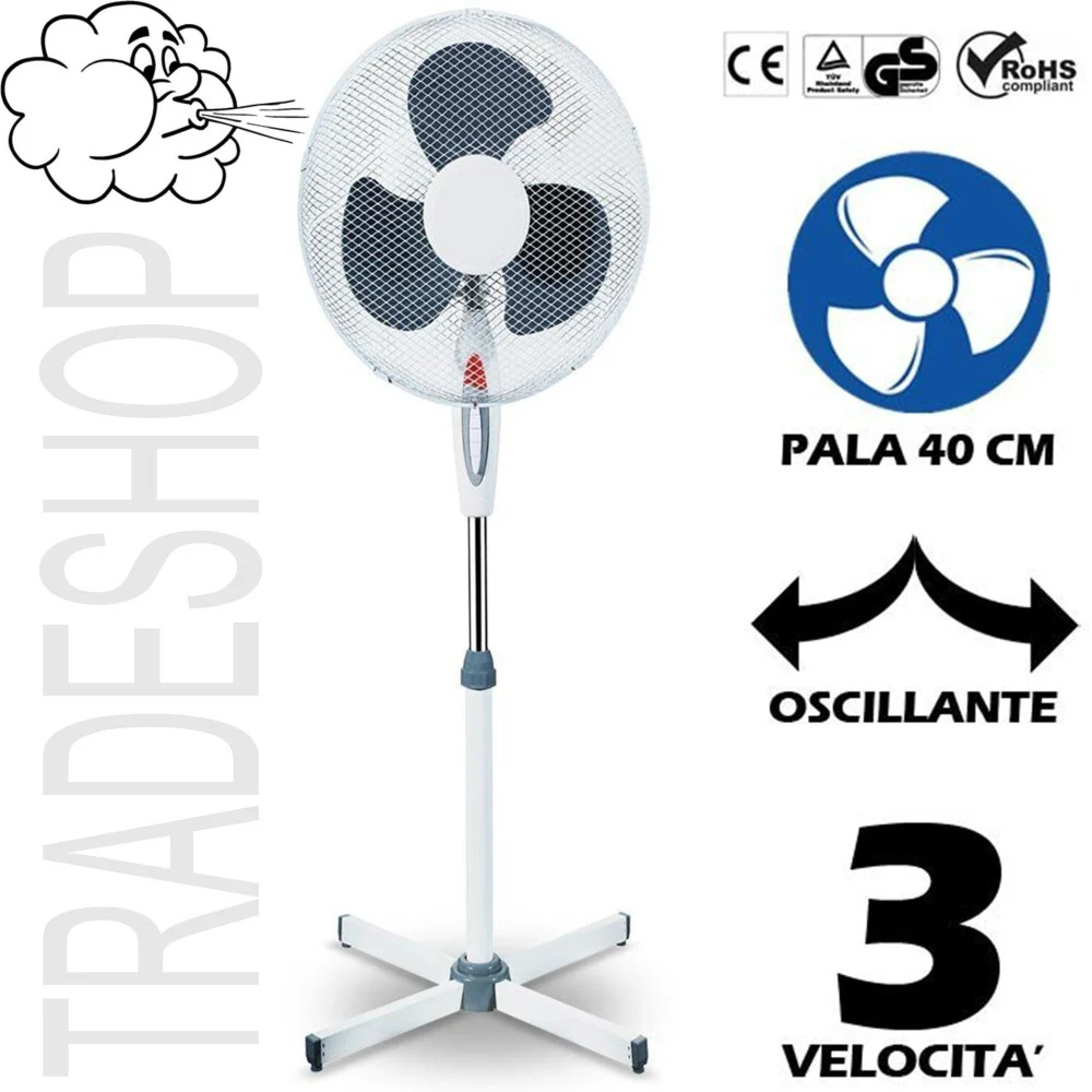 VENTILATORE A PIANTANA OSCILLANTE PALA 40CM 3 VELOCITÀ BASE A CROCE 45W COLORATO - TrAdE Shop Traesio