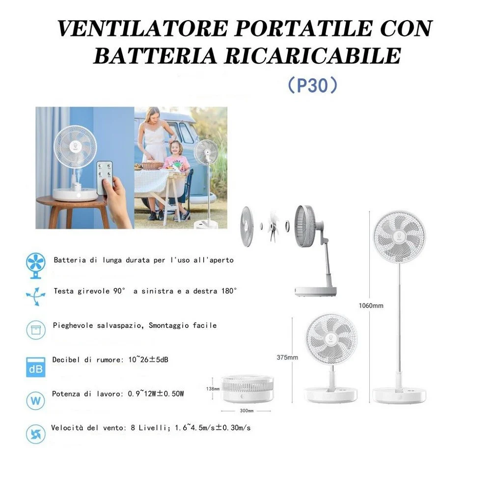 VENTILATORE PORTATILE CON BATTERIA RICARICABILE P30 DESIGN PIEGHEVOLE SALVASPAZIO - TrAdE Shop Traesio