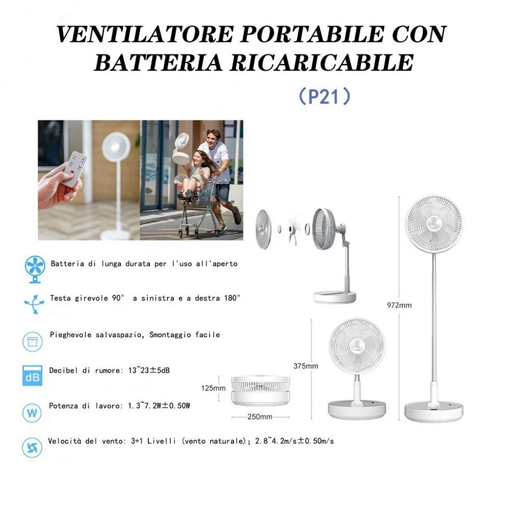 VENTILATORE PORTATILE P21 BATTERIA RICARICABILE SALVASPAZIO PIEGHEVOLE SILENZIOSO - TrAdE Shop Traesio