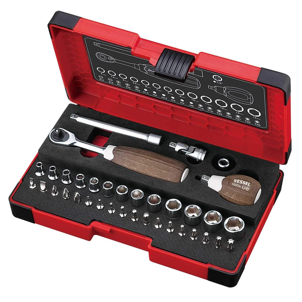 VESSEL set di bussole e cricchetto 1/4-inch (6 35 mm) Woody HRW2001M-W 36 pezzi