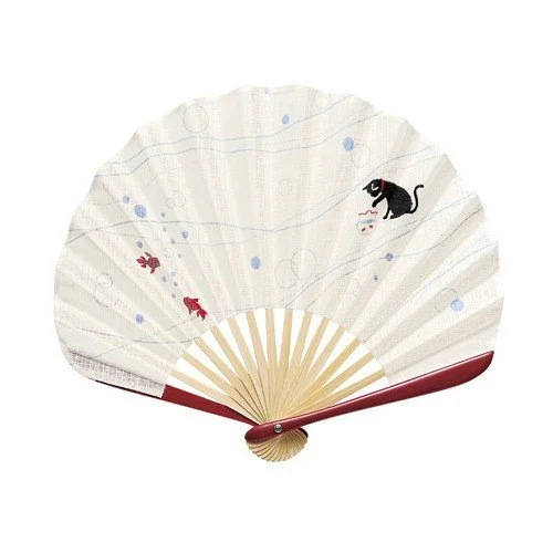 Yamani ventaglio pieghevole con gatto ricamato Ryo Asobi beige