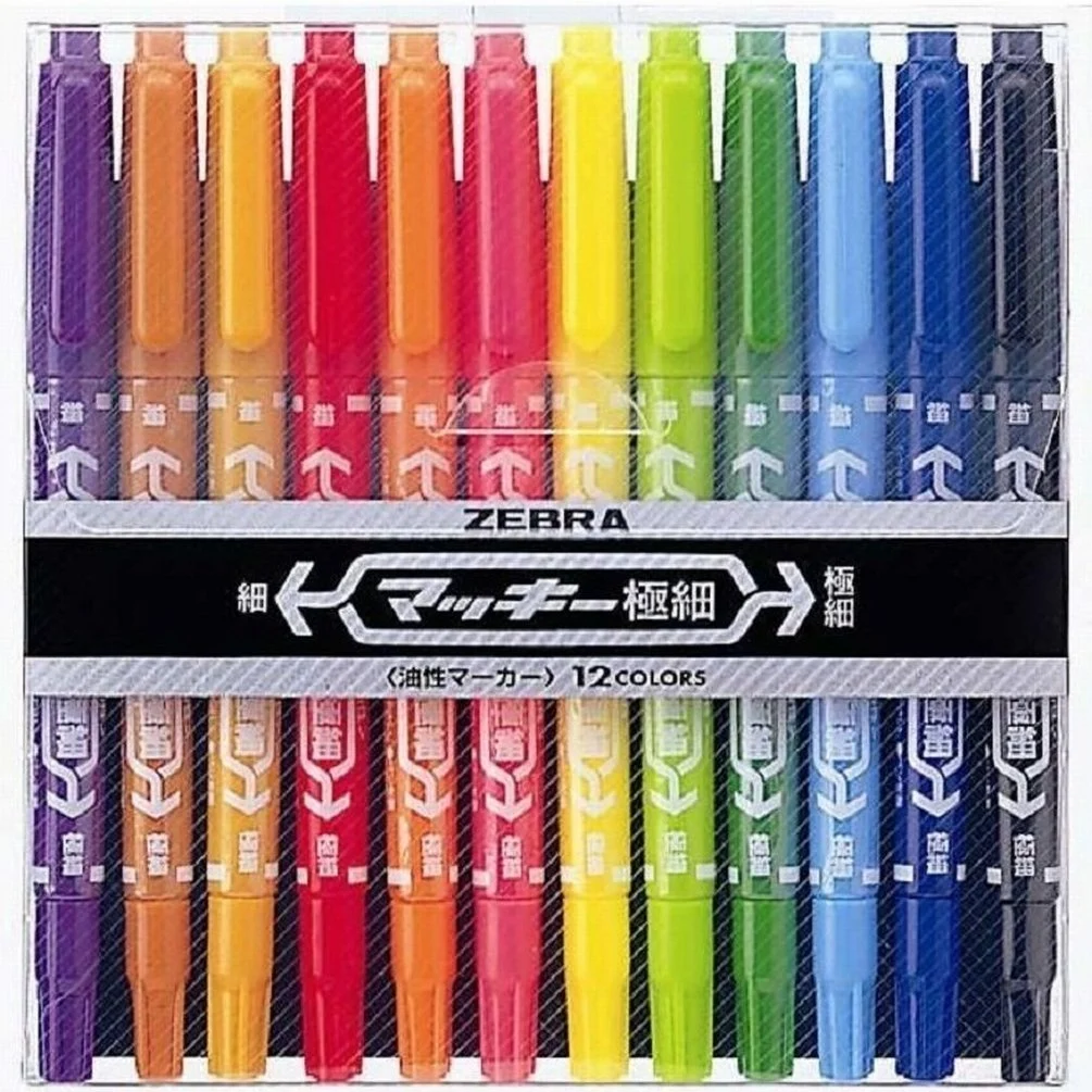 Zebra Marcador a Base de Aceite Punta Extra Fina 12 Colores MCF-12C