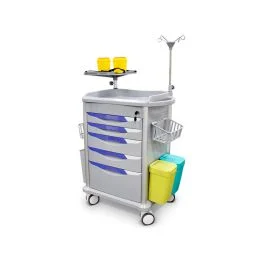 Carrello di emergenza in acciaio inox, 5 cassetti, asta portaflebo, supporto defibrillatore - Quirumed