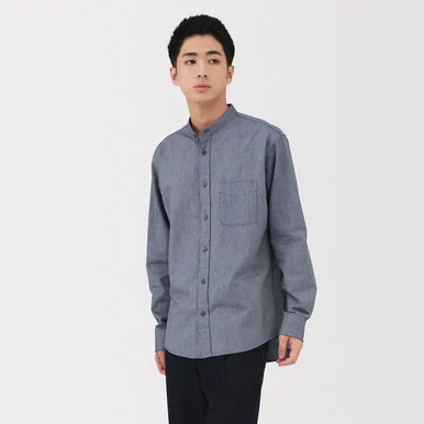 Camicia in Oxford lavata con colletto alla coreana da uomo