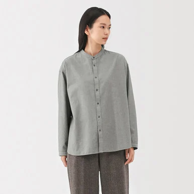 Camicia con colletto alla coreana in twill di cotone spazzolato da donna