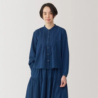 Blusa a maniche lunghe in velo di cotone da donna indaco