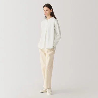 Blusa senza colletto in twill di cotone spazzolato da donna